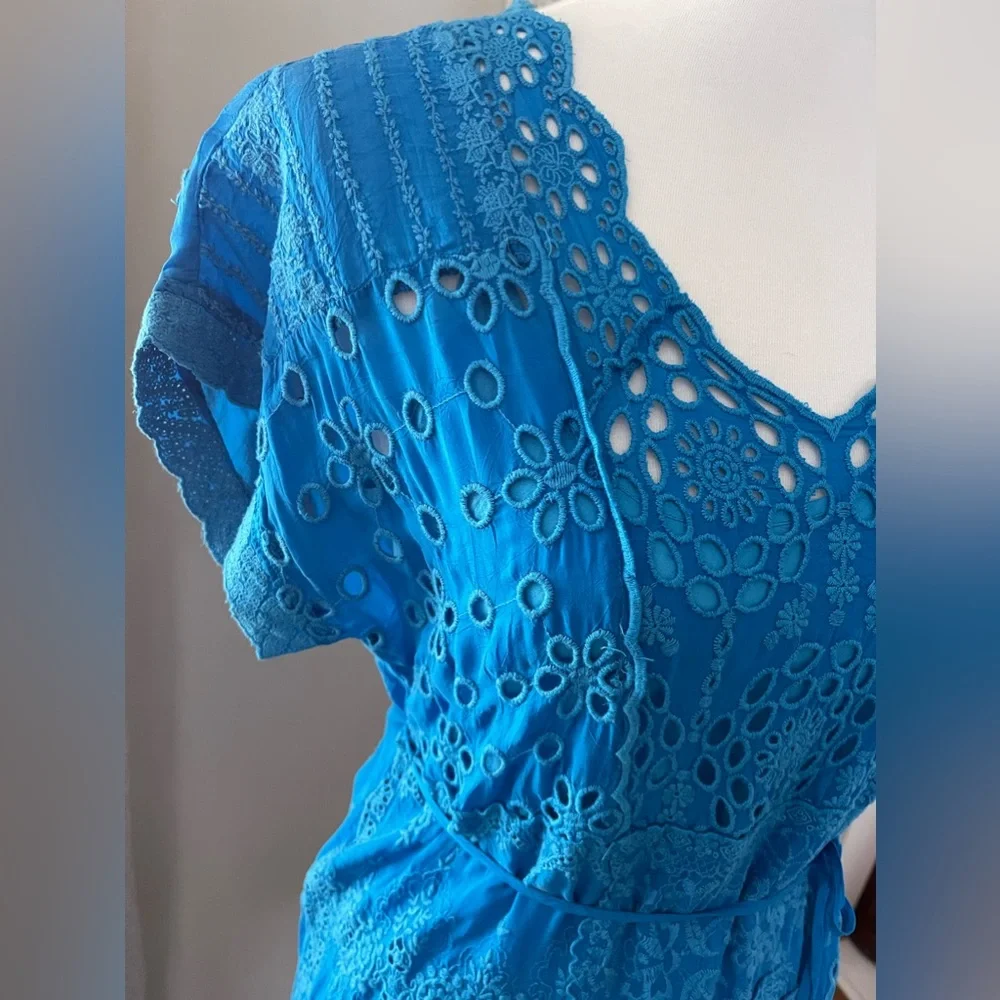 JOHNNY WAS Olympia Eyelet Midi Dress In Ocean Blue Size S - Picture 4 of 14